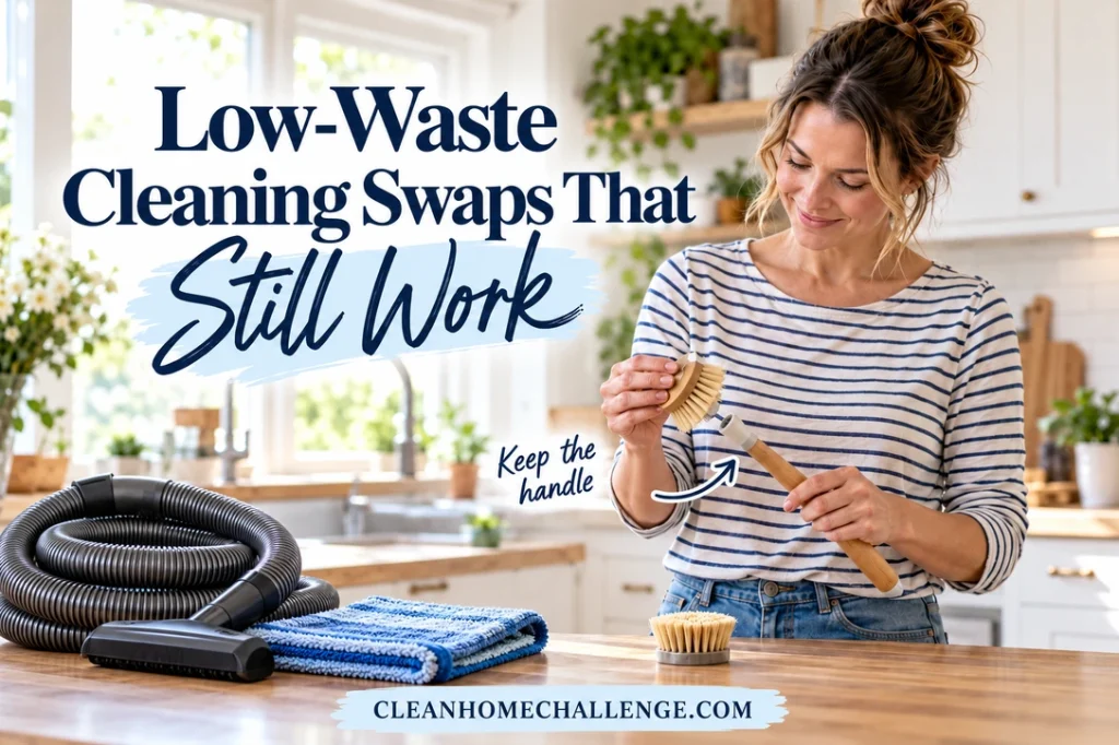 A striped-shirt woman separates a replaceable dish-brush head from its wooden handle beside washable pads and a vacuum hose.