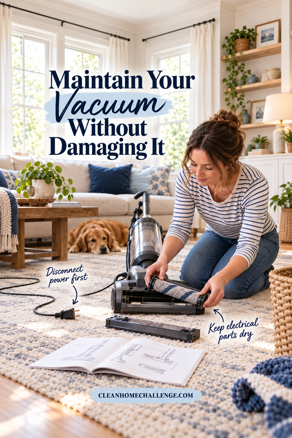 A woman lifts the brush roll from an unplugged upright vacuum on a dry rug, with the loose plug and open illustrated guide nearby.