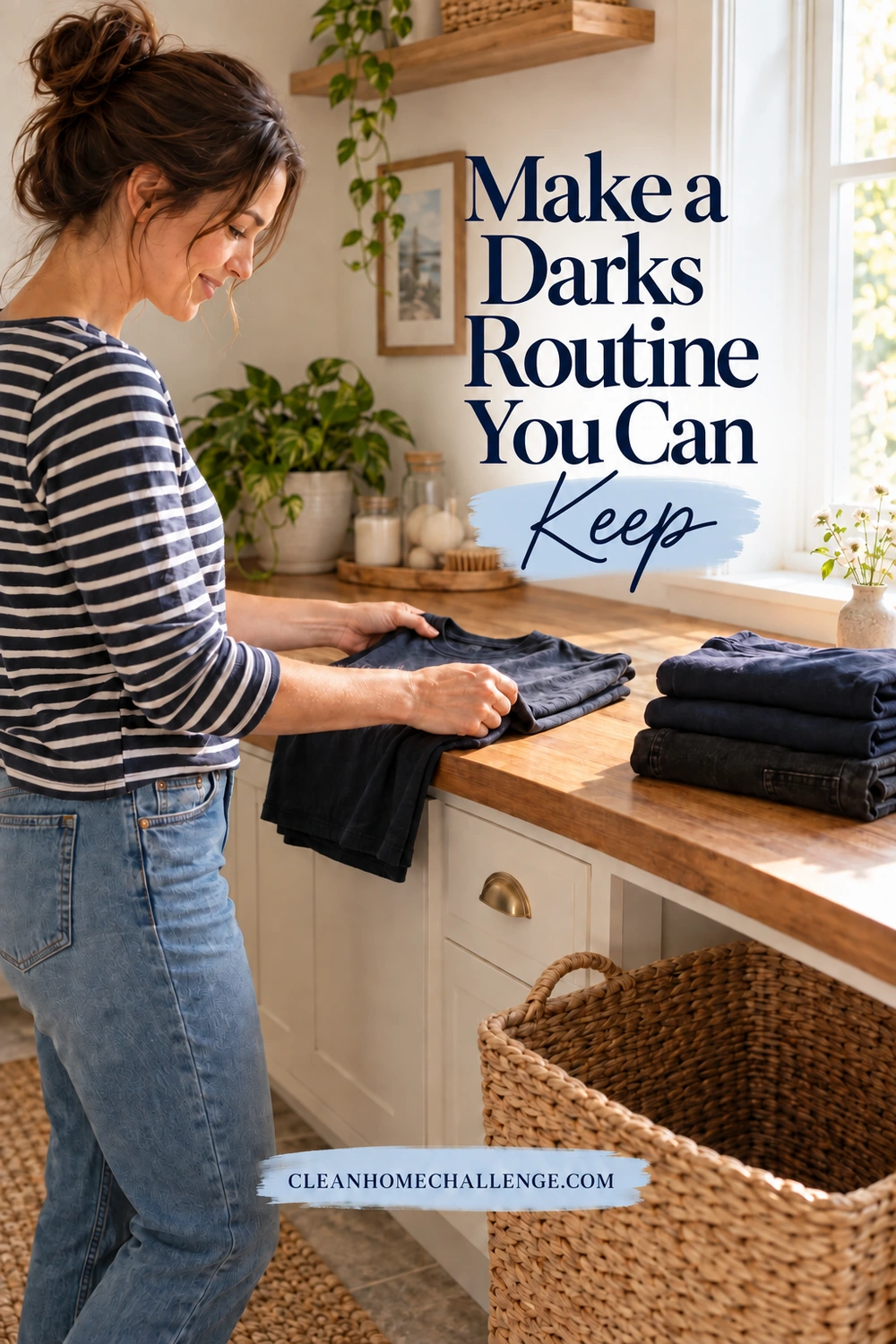A woman folds a dark T-shirt at an oak counter beside folded navy tops, black jeans, and an empty wicker basket.