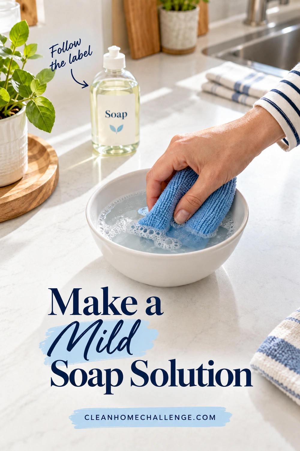 A hand dips a blue cloth into a small bowl of soapy water beside a pump bottle labeled Soap.