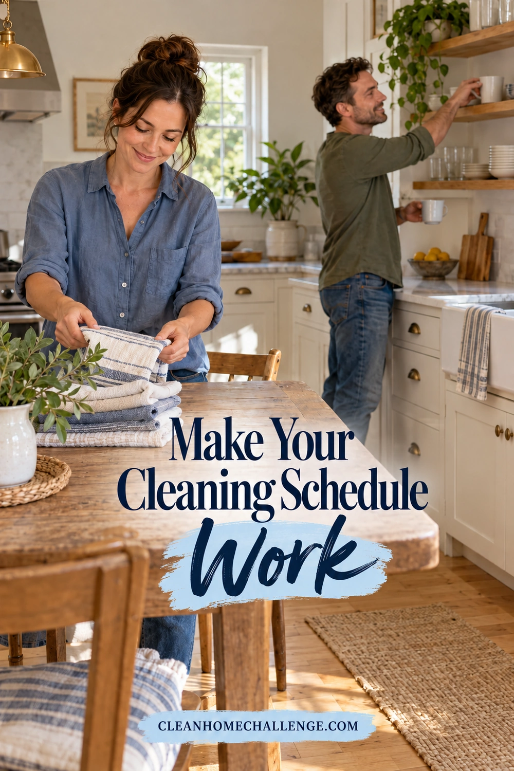 Two adults sharing kitchen tasks, with one folding laundry at a table and the other tidying cups.