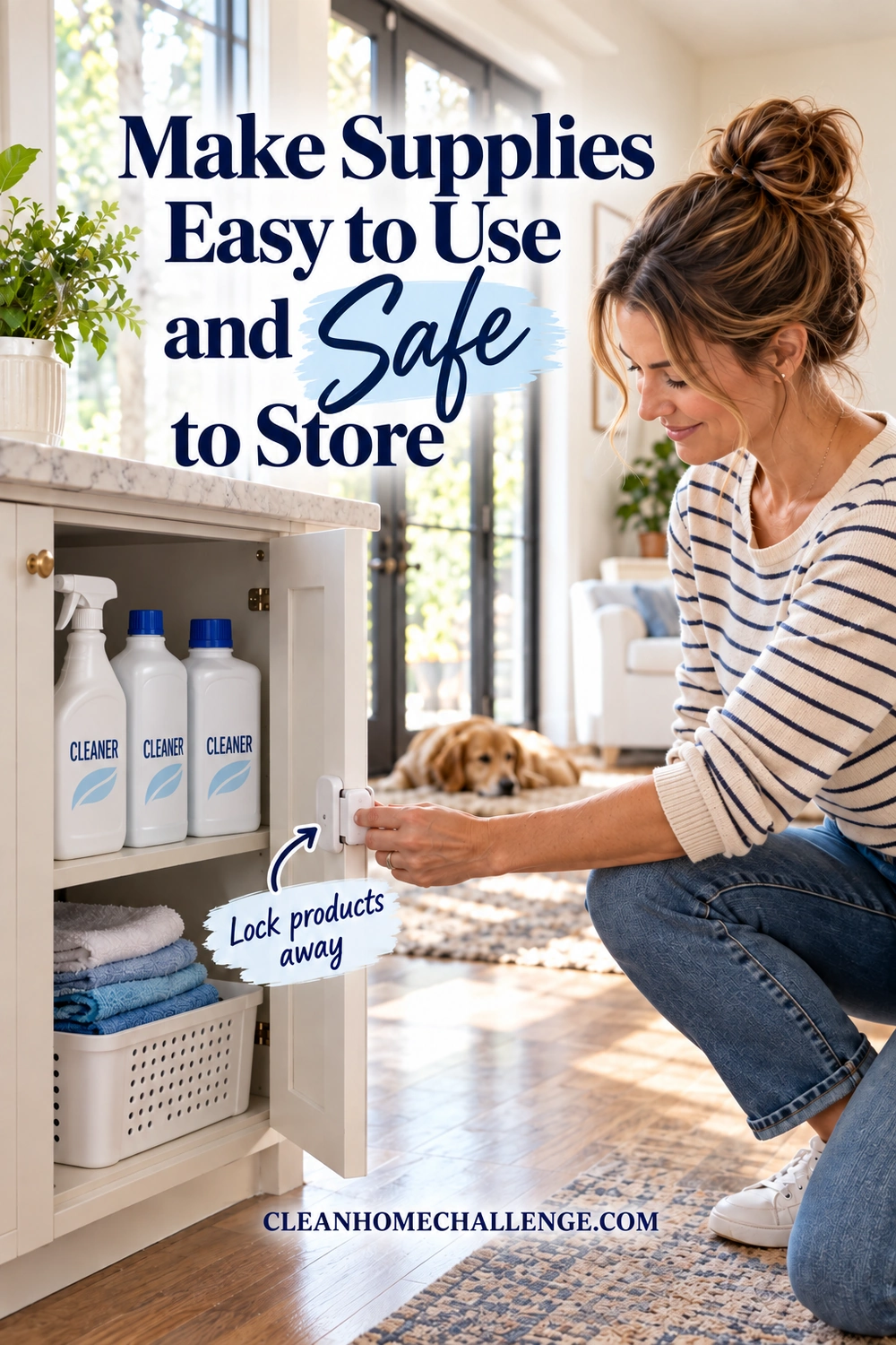 An adult closes a cleaning cabinet with a safety latch, labeled bottles and folded dry cloths inside.