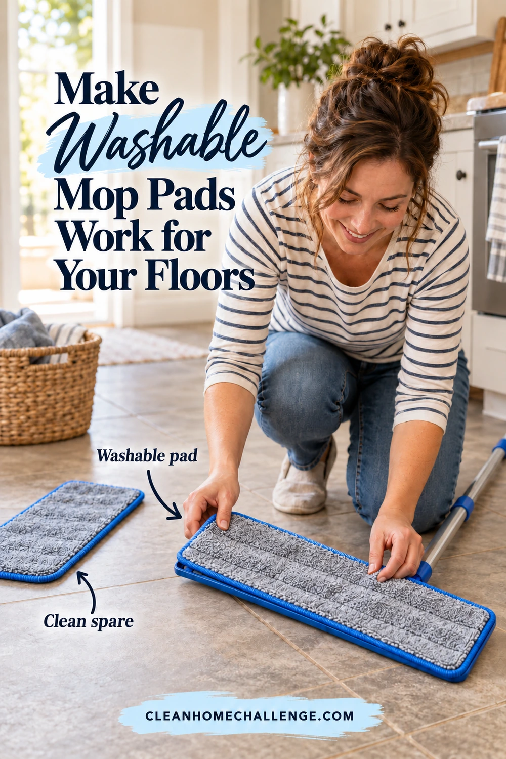 A woman kneels on a tile floor and positions a washable pad over a flat mop base, with a spare pad beside her. The headline reads Make Washable Mop Pads Work for Your Floors.