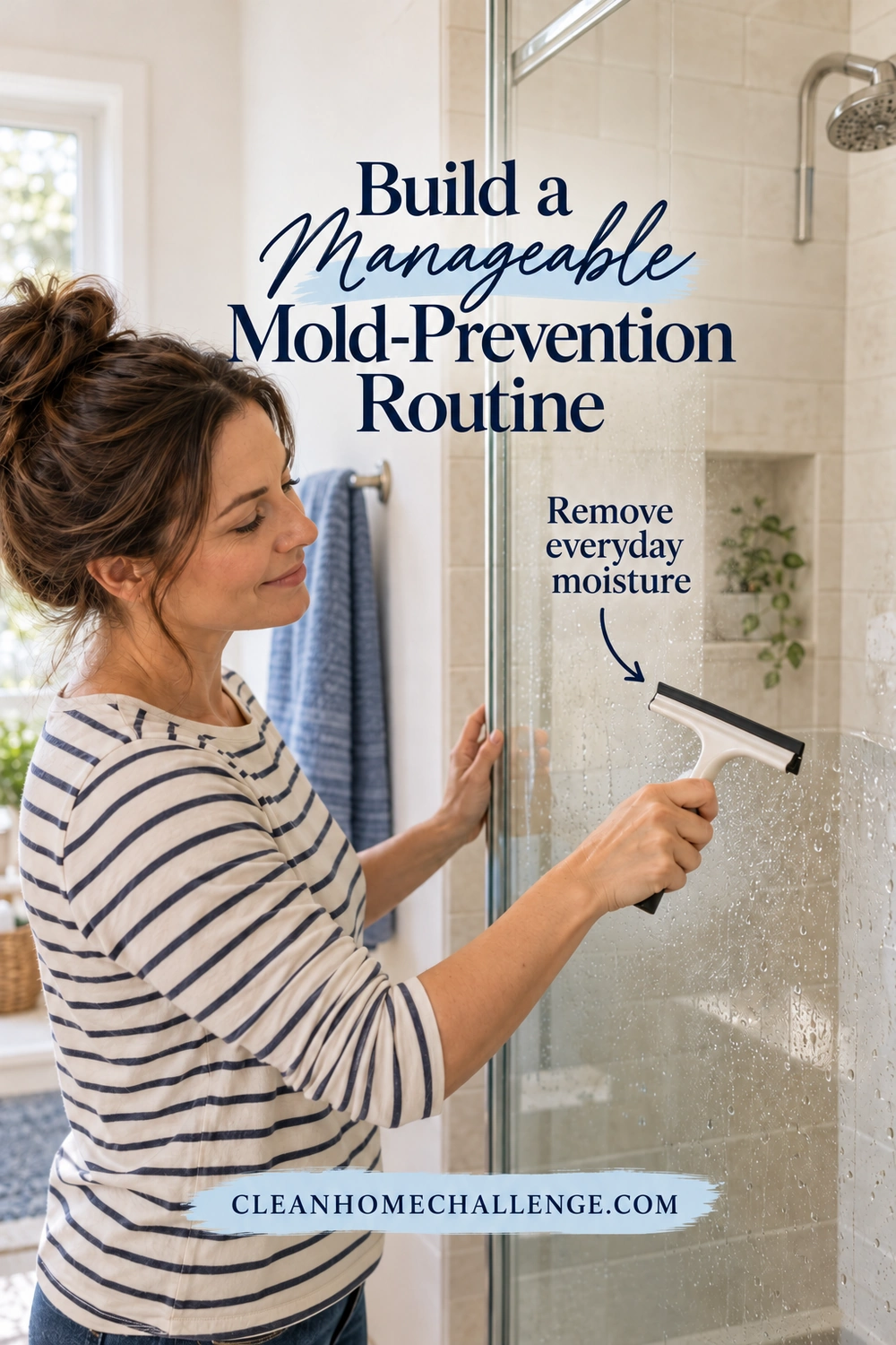 A woman in a striped shirt draws a small squeegee across water-speckled shower glass, with an arrow indicating the everyday moisture-removal path.