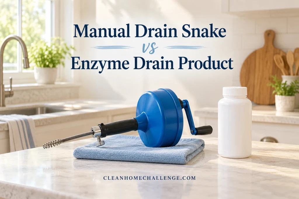 Blue manual drain auger and closed white bottle staged separately on a kitchen counter.