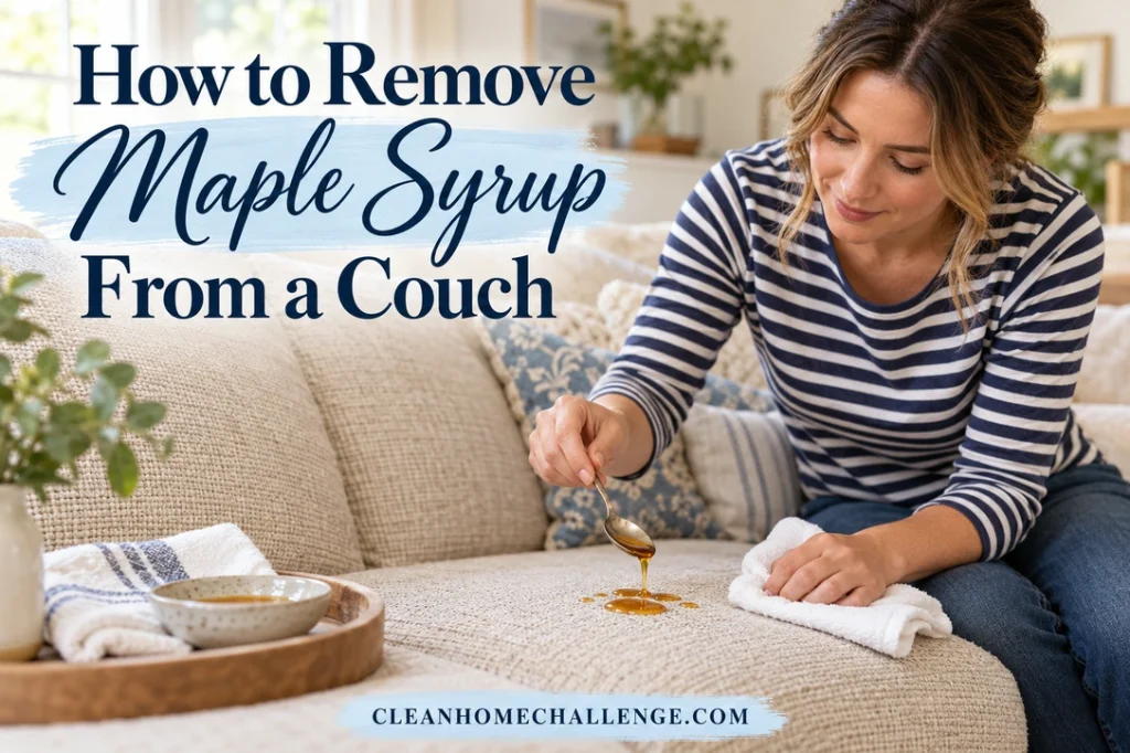 A striped-shirt woman uses a rounded spoon beside a small maple syrup spill on an oatmeal couch.