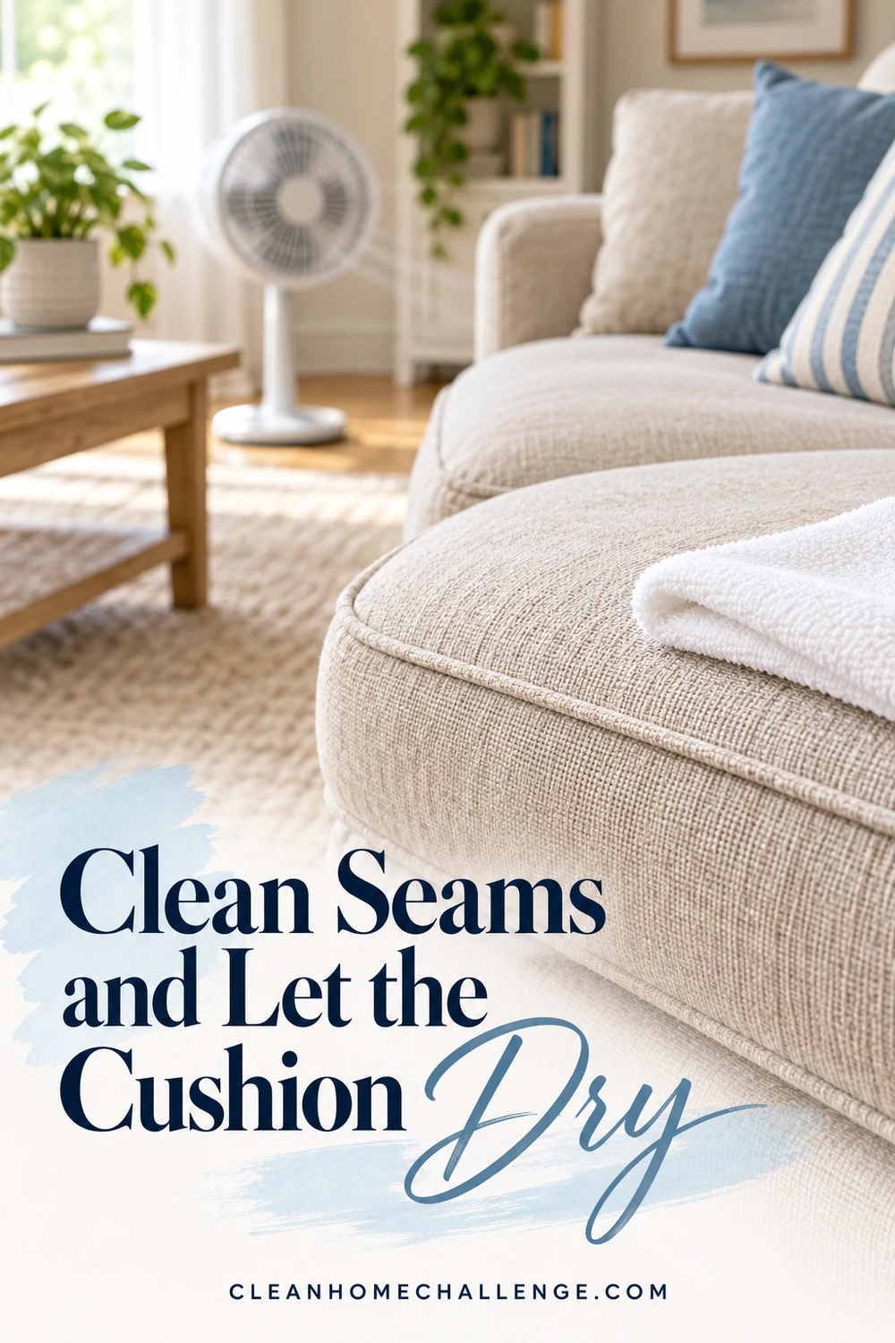 A white cloth rests near the piping of an oatmeal couch cushion with a small fan in the background.