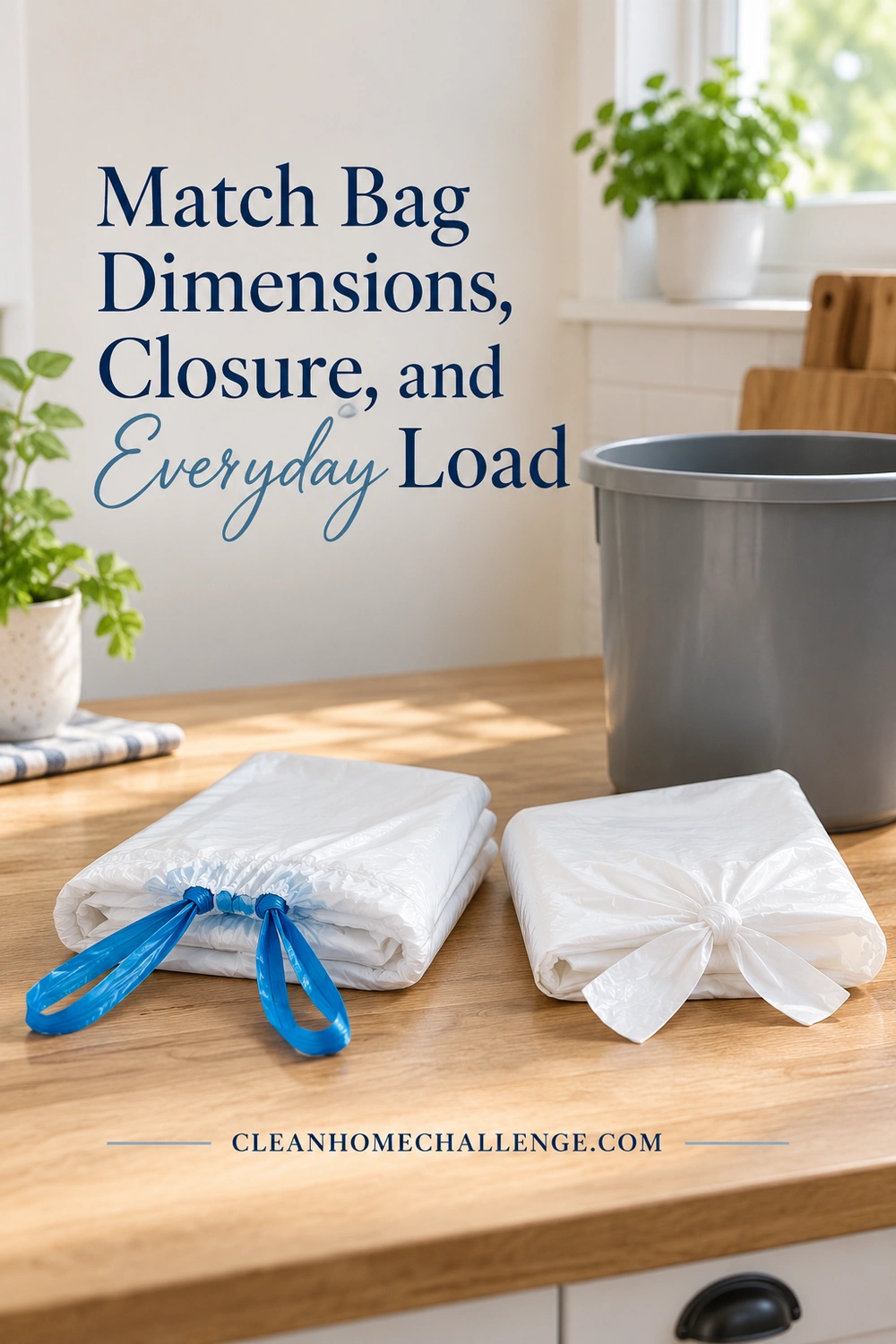 Two folded white liners with blue drawstring and white tie closures beside a gray trash bucket on a wood counter.