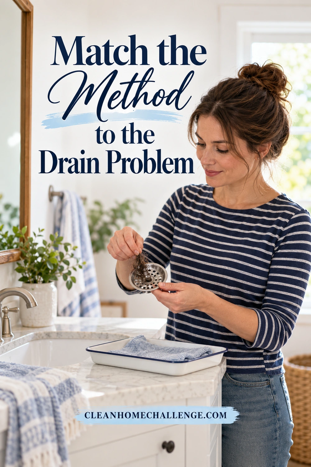 Woman inspecting hair caught in a removable metal strainer above a bathroom counter tray.