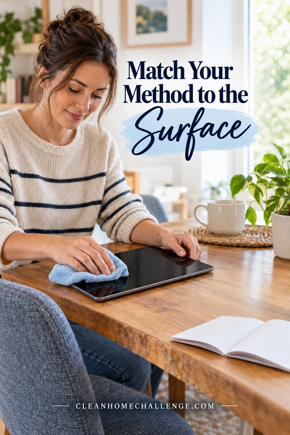 A woman gently wipes a powered-off tablet with a blue cloth at a wood desk, beside an open booklet and the heading Match Your Method to the Surface.