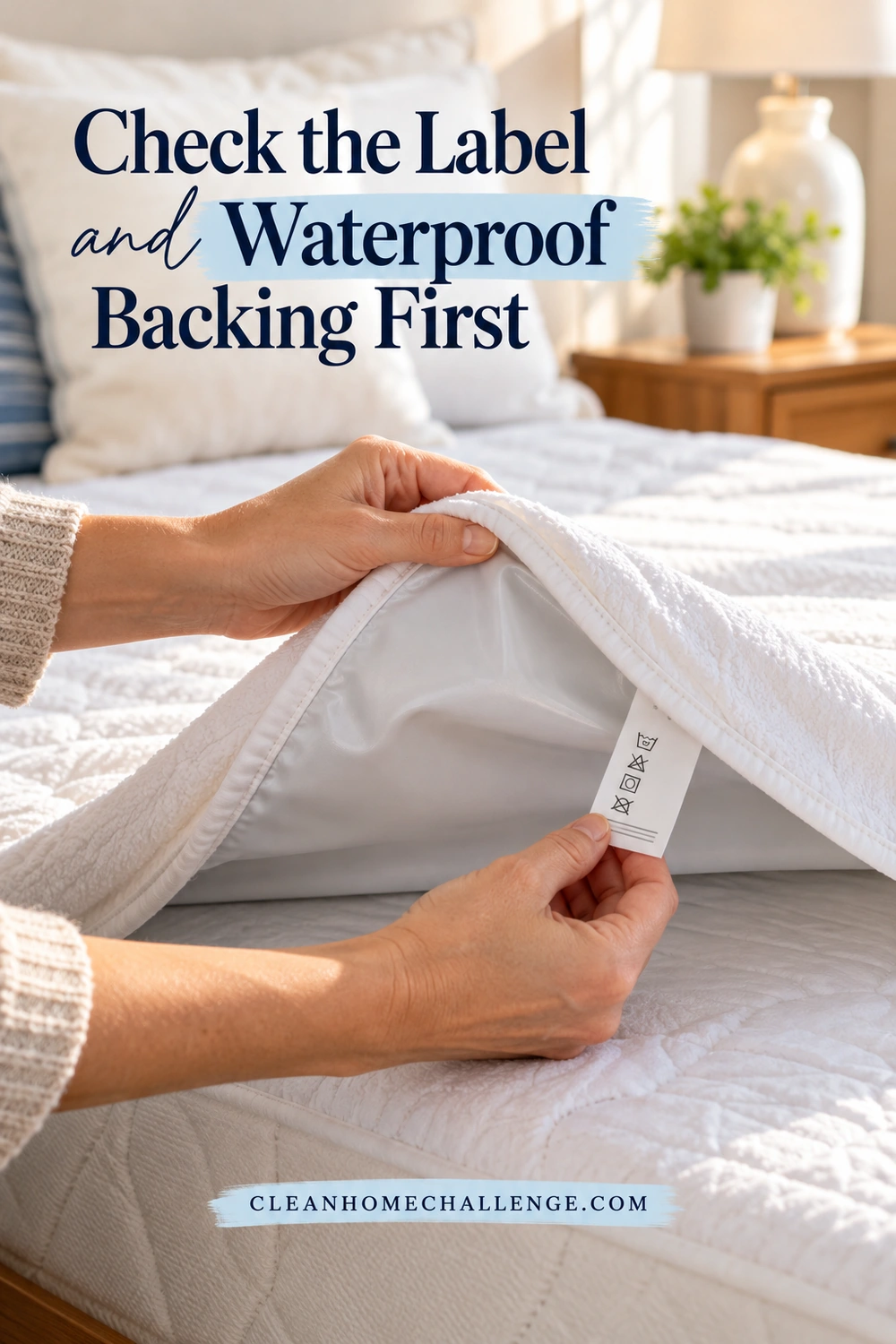 Hands hold a care tag beside the smooth waterproof backing of a white mattress protector.