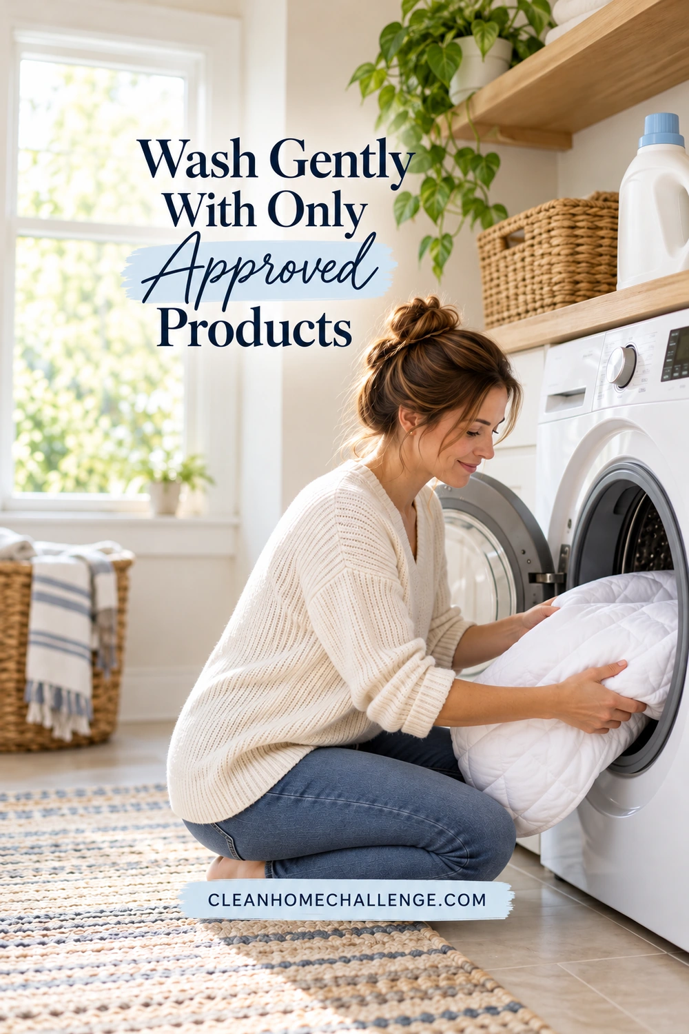 A woman gently loads a white mattress protector into a front-loading washing machine.