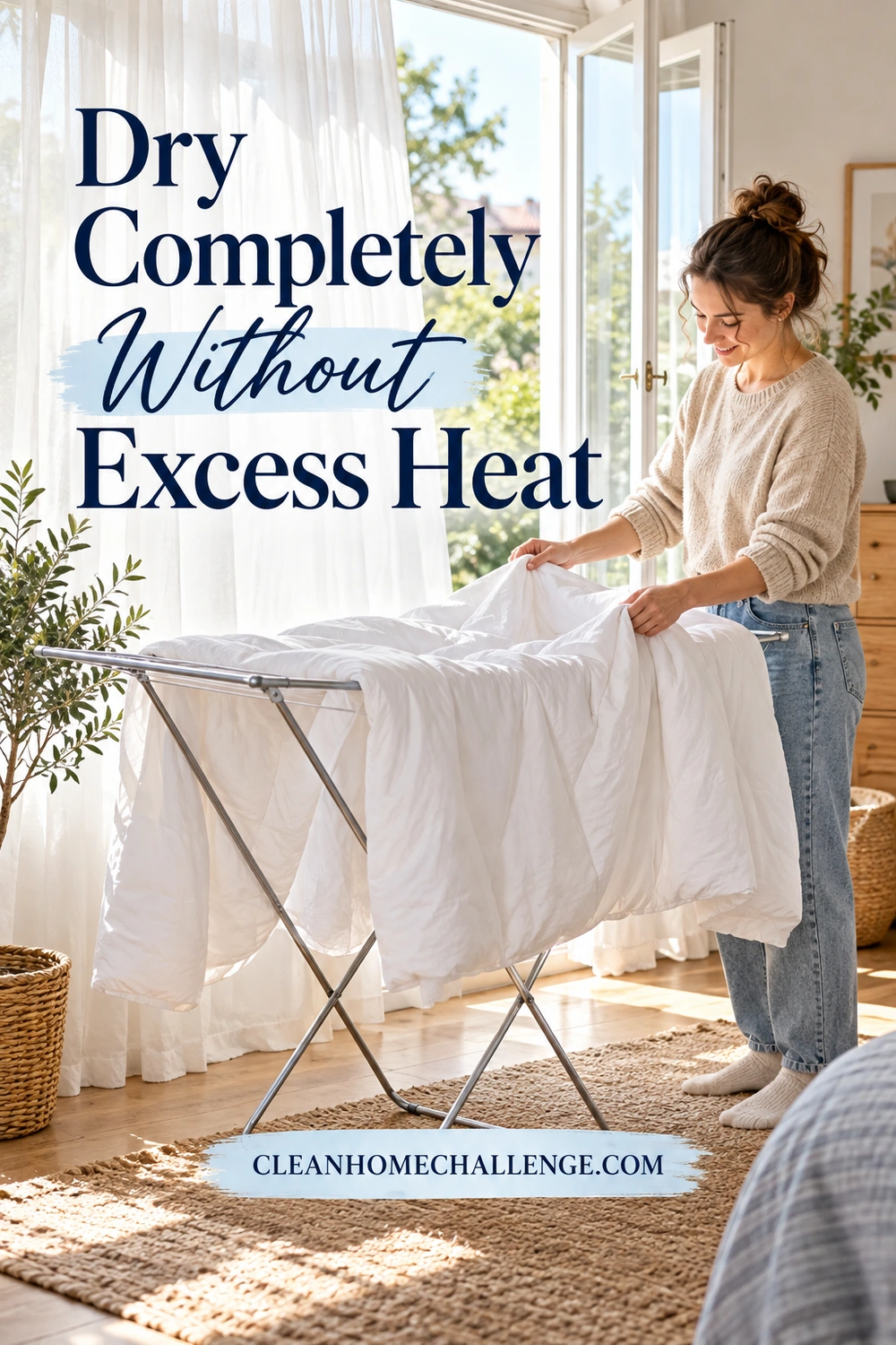 A woman spreads a white mattress protector across a drying rack beside an open window.