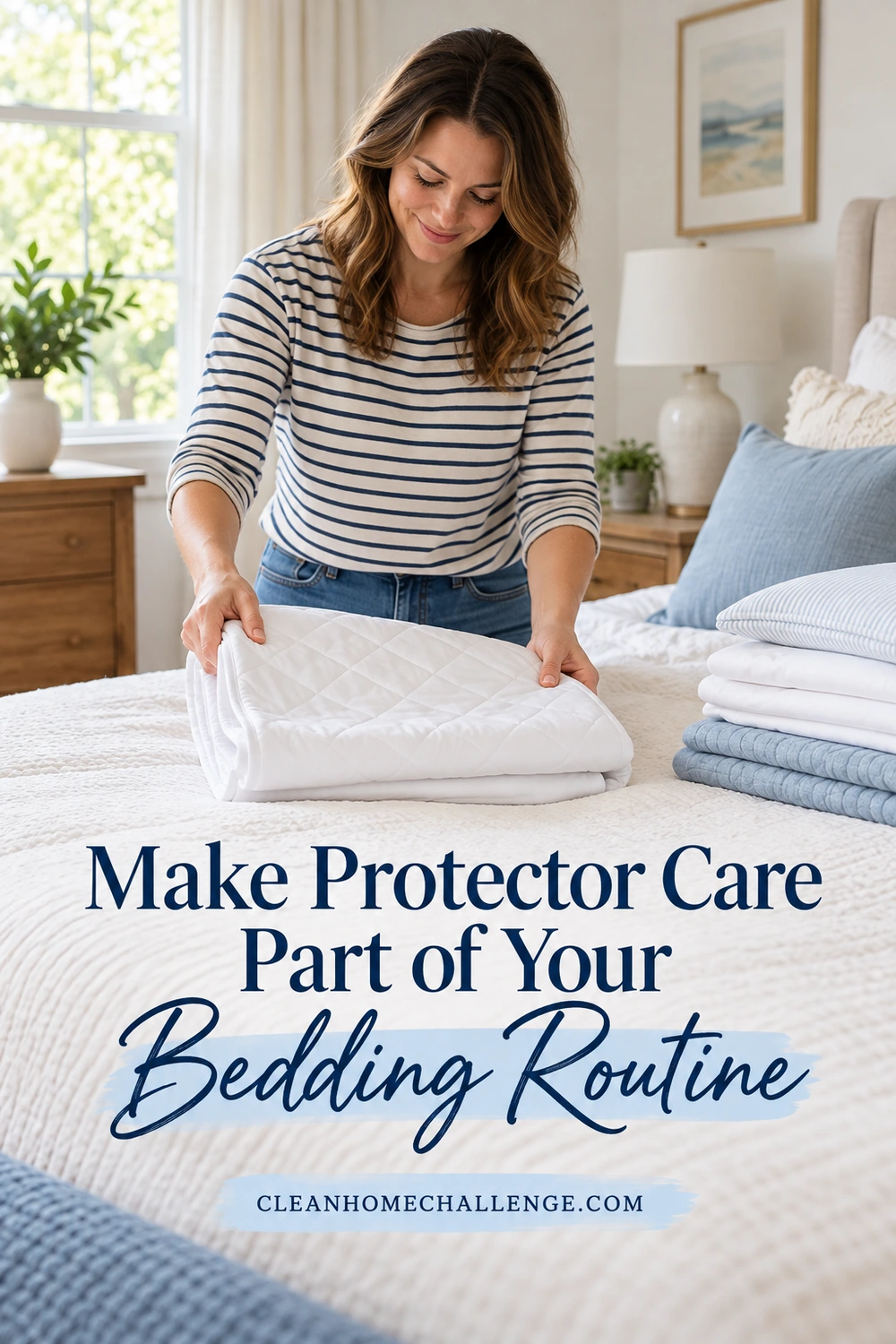 A woman folds a clean white mattress protector on a bed beside neatly stacked sheets.