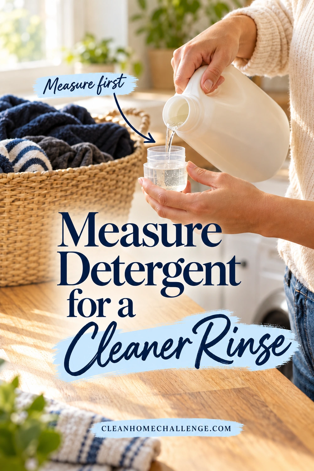 Hands pour clear liquid detergent from an unbranded bottle into a transparent measuring cap, with an arrow pointing to the cap.