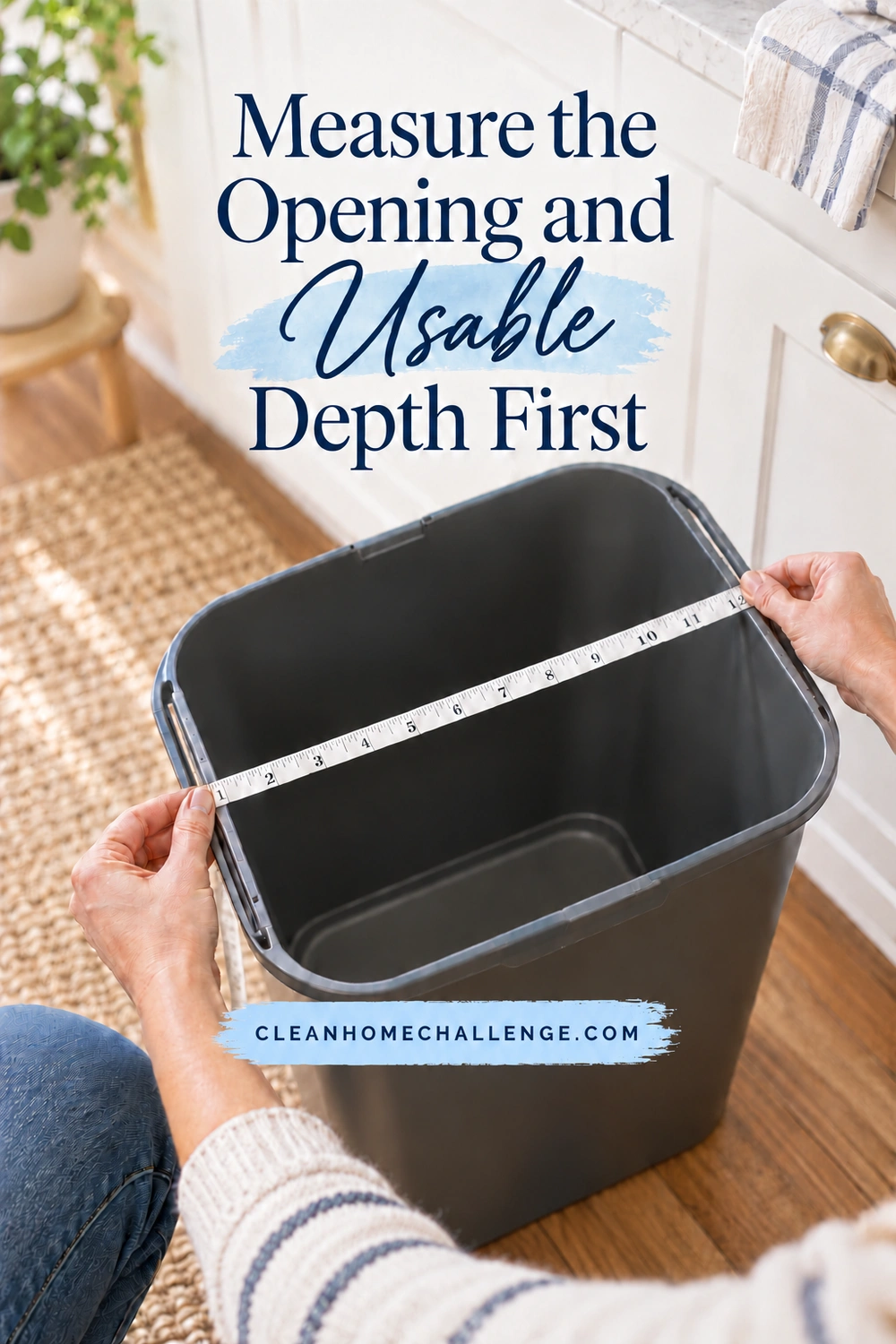 Hands holding a flexible measuring tape across a clean gray trash-bucket opening.