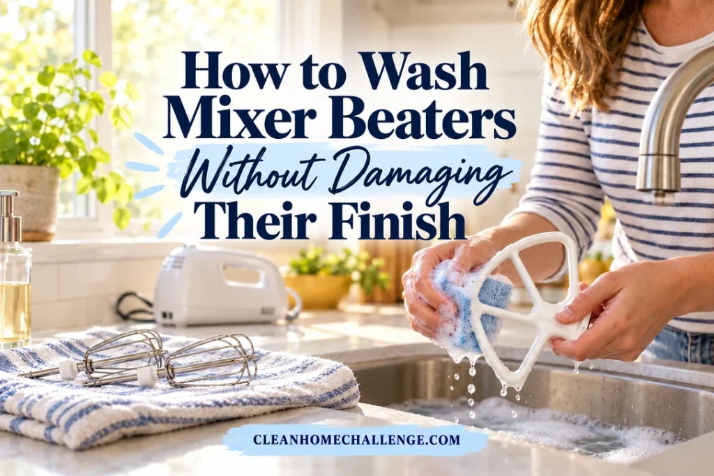 A woman washes a detached coated mixer paddle beside a kitchen sink while other beaters rest on a towel.