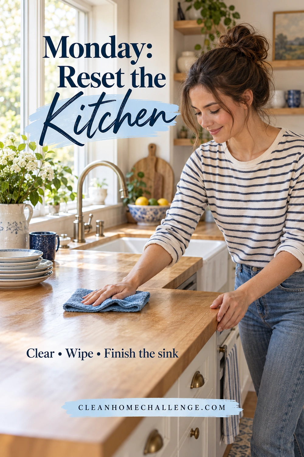 A woman in a striped shirt wipes a wooden kitchen counter with a blue cloth beside a sink, stacked dishes, and a fruit bowl.