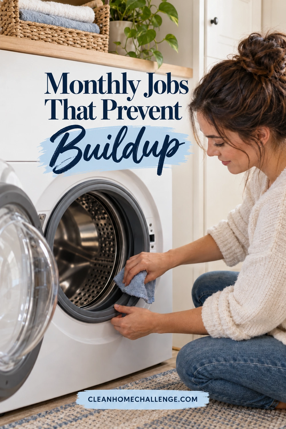 Woman wiping the accessible door seal of an open front-loading washer with a blue cloth.