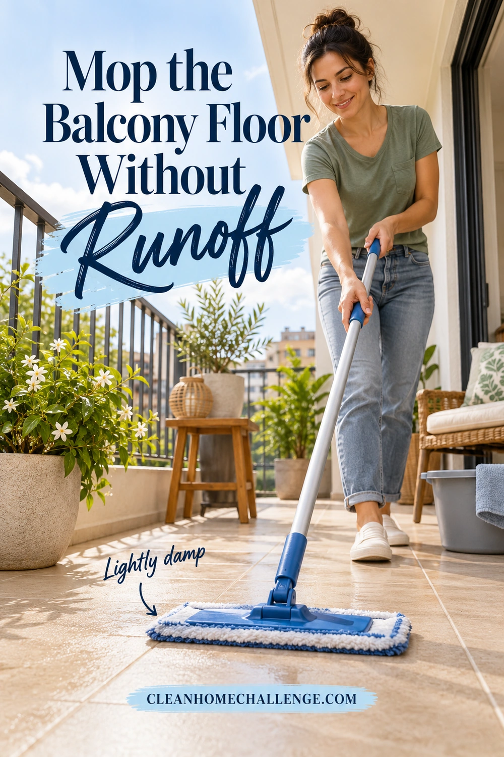 A low-angle view shows a woman using a blue flat mop on balcony tiles, with a callout pointing to the lightly damp mop pad.