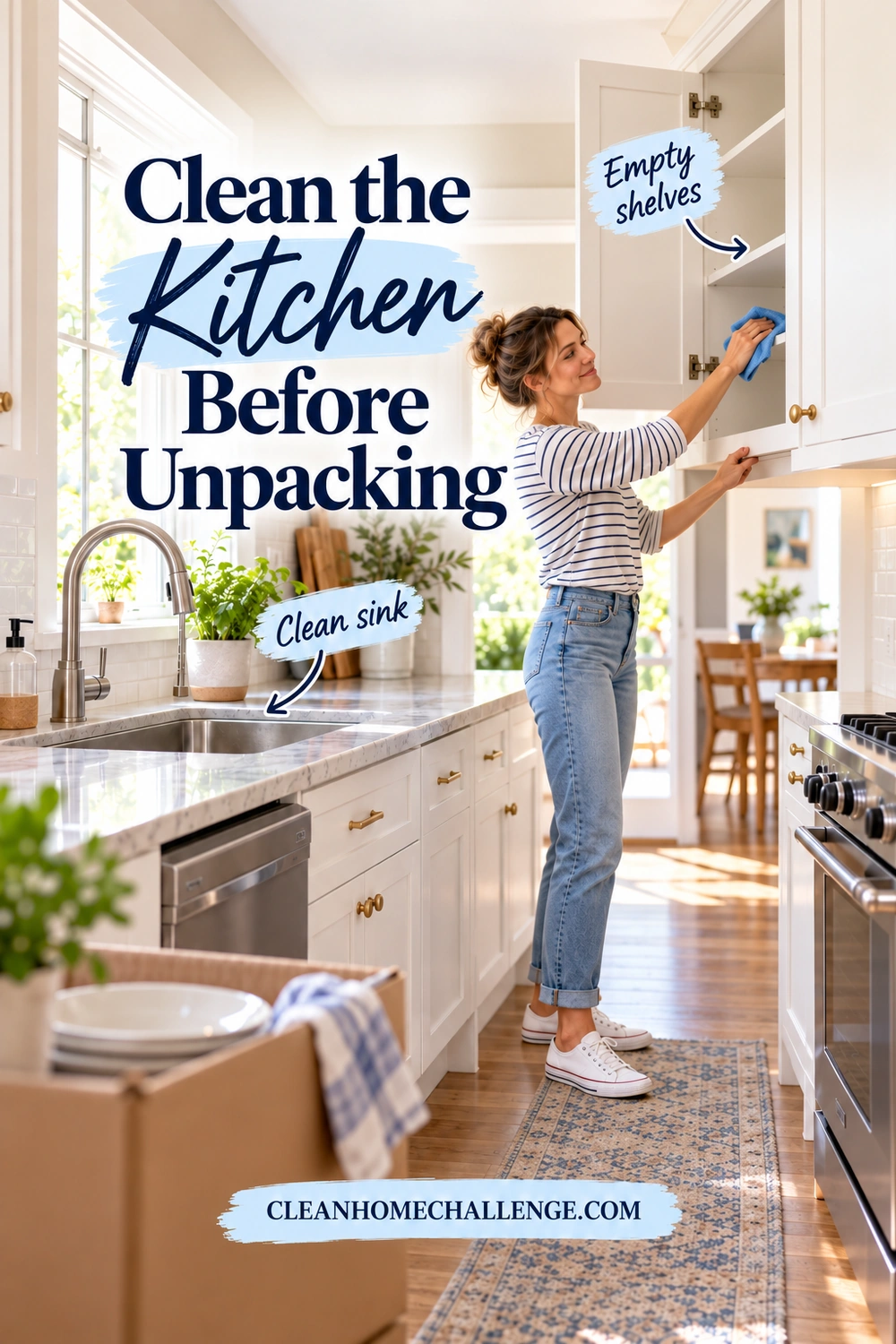 Woman wiping inside an empty upper kitchen cabinet beside a clean stainless-steel sink, with a moving box in the foreground.