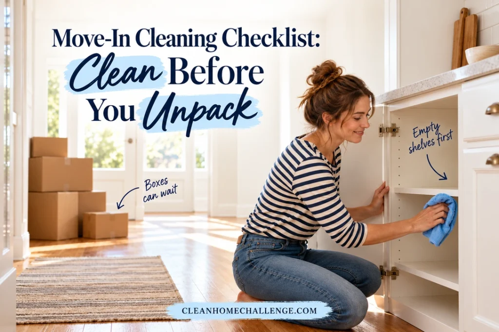 Woman in a striped shirt wiping an empty kitchen cabinet with a blue cloth while moving boxes wait in the background; navy move-in cleaning headline and blue domain footer.