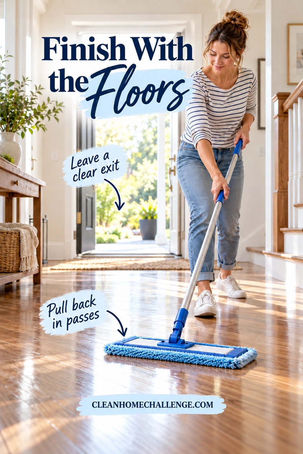 Woman using a blue microfiber flat mop on a wood floor near an open doorway, with the exit path clear.