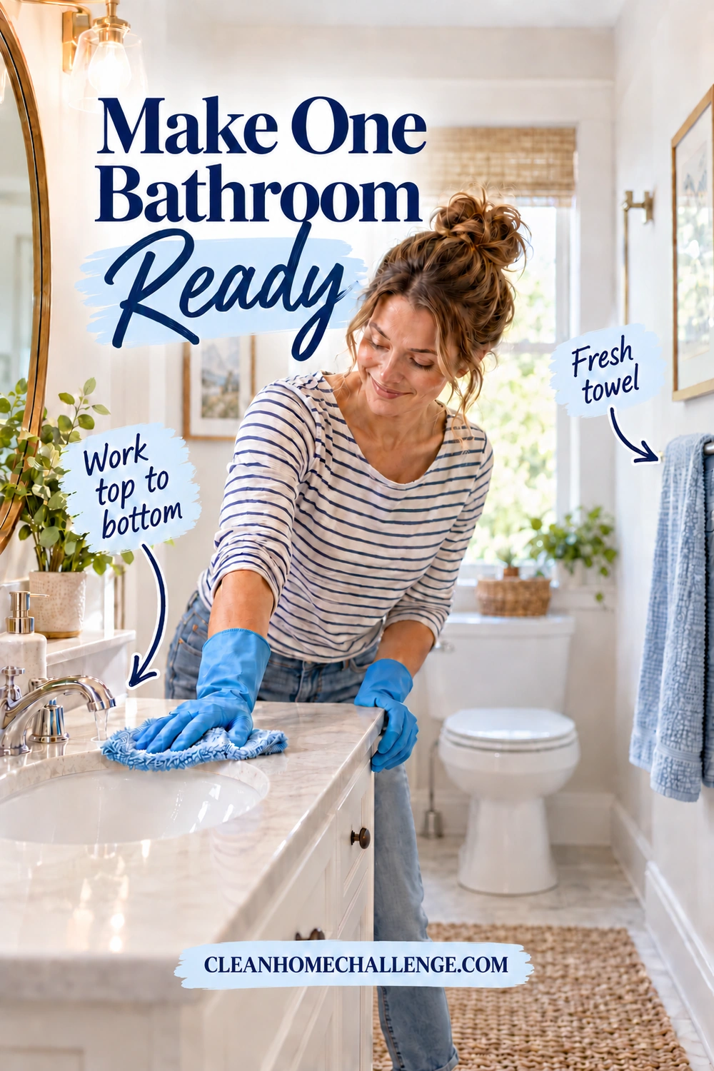 Woman in blue gloves wiping a bathroom counter beside a sink, with a fresh blue towel and closed toilet behind her.