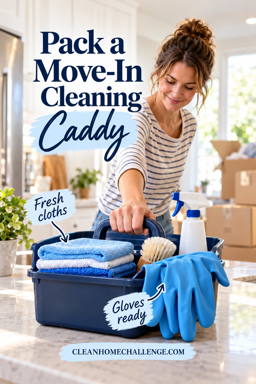 Woman holding a navy cleaning caddy filled with folded cloths, a soft brush, a spray bottle, and blue gloves.