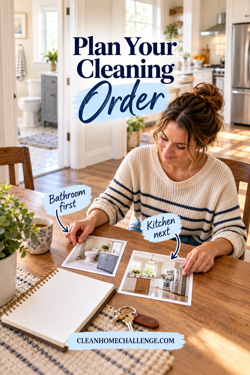 Woman arranging photographs of a bathroom and kitchen on a wooden table beside a blank notebook and house keys.