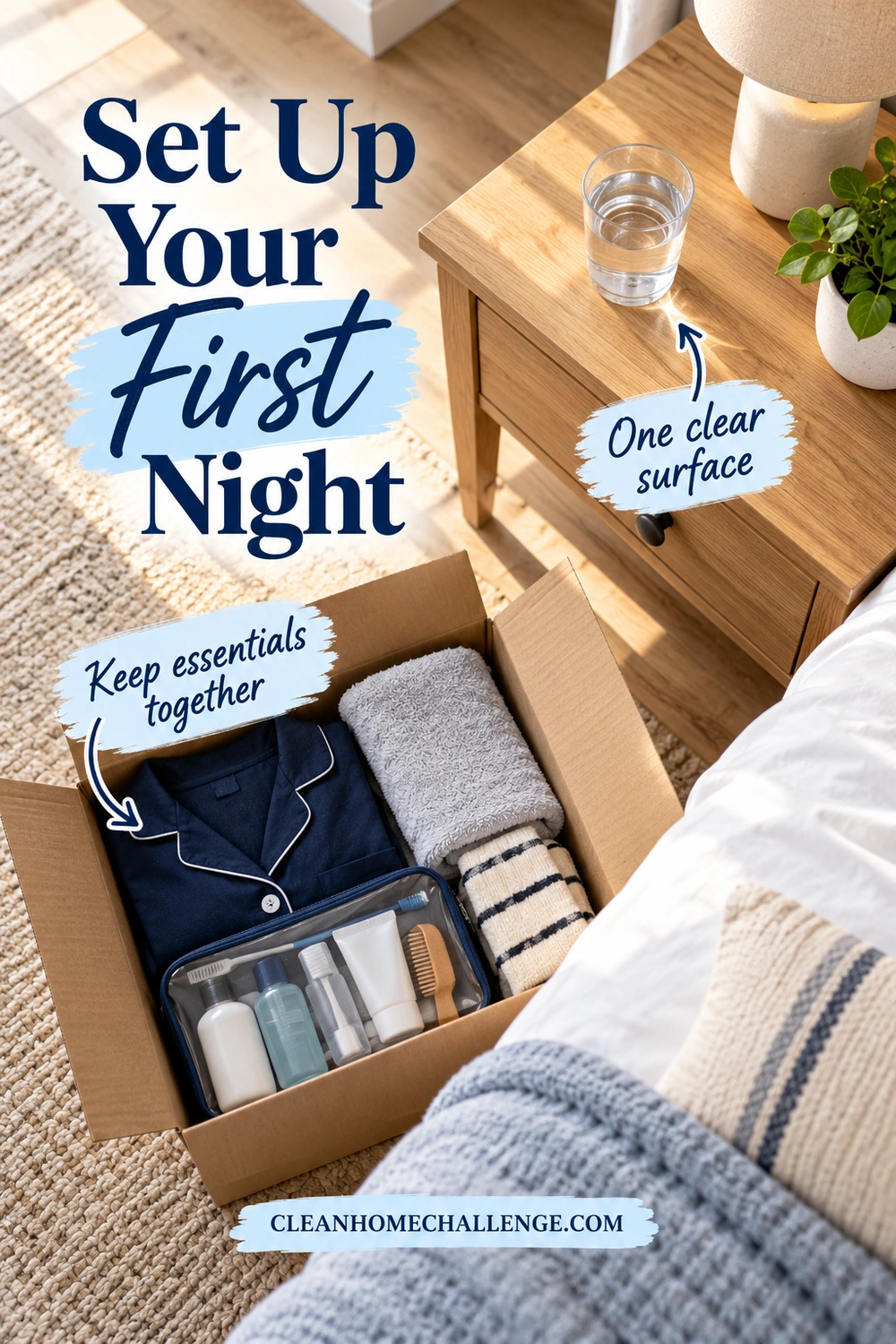 Open box of pajamas, towels, and a toiletry pouch beside the edge of a bed and a bedside table holding a glass of water.