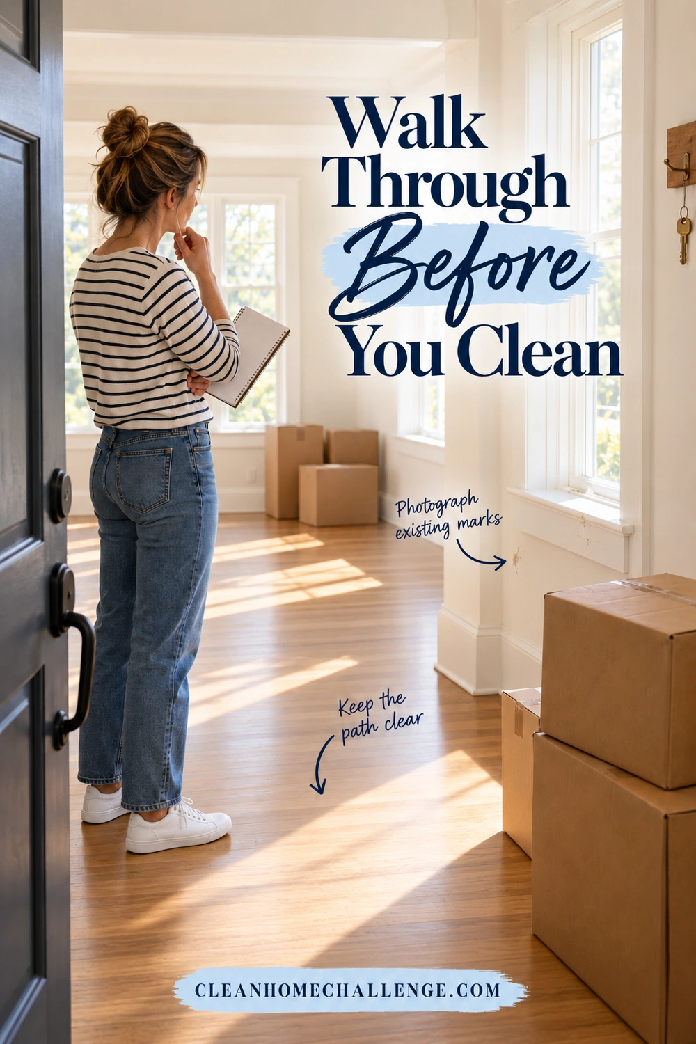 Woman holding a notebook in a mostly empty home beside moving boxes, with arrows identifying wall marks and a clear walkway under a navy walkthrough headline.
