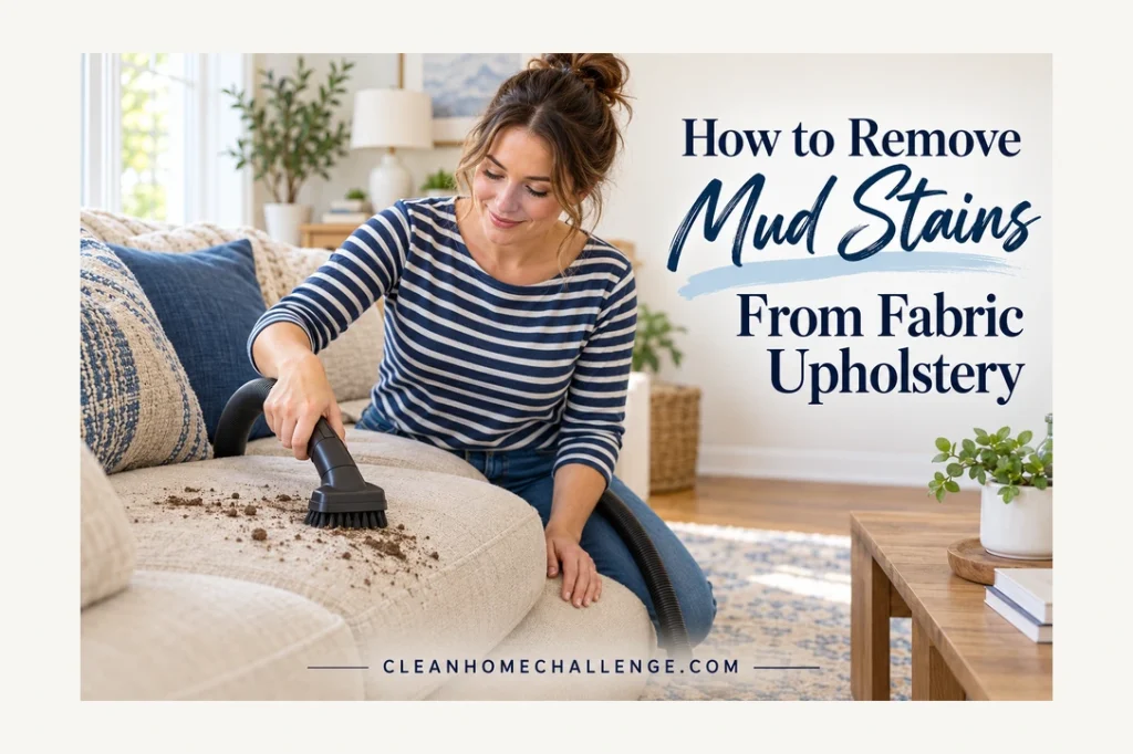 A striped-shirt woman gently vacuums dry mud from a beige sofa using a black upholstery brush.