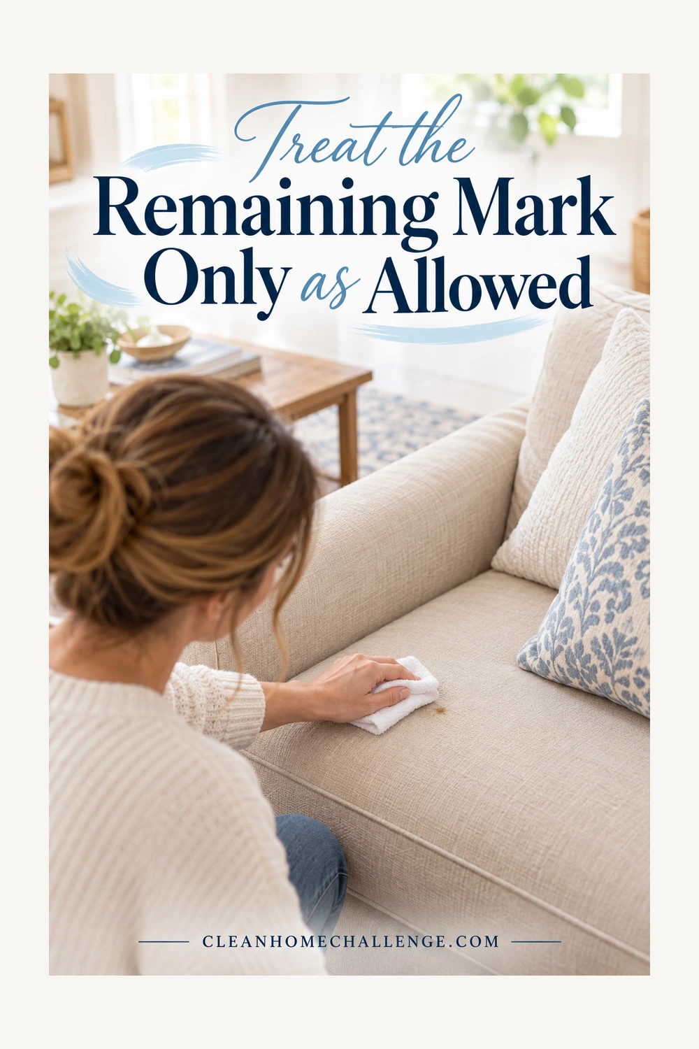 A woman gently presses a folded white cloth onto a small mark on a beige seat.