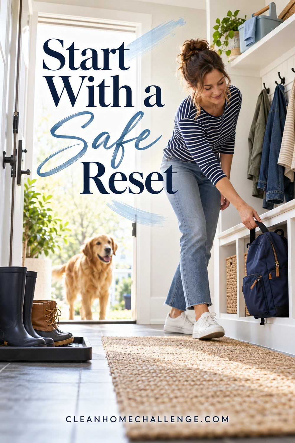 A woman in a striped shirt lifts a navy backpack beside a mudroom bench while a dog waits at the open door.