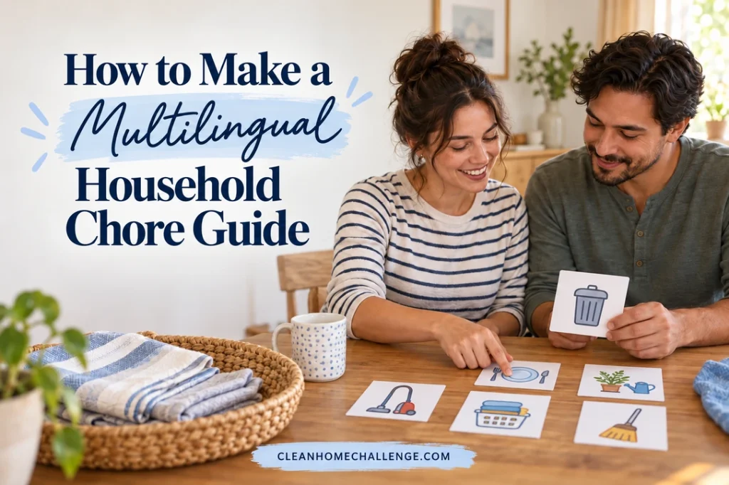 Two adults review household pictogram cards at a wooden table beside a basket of folded cloths. Text: How to Make a Multilingual Household Chore Guide.