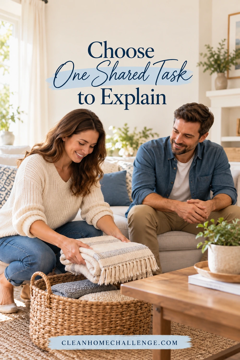 A woman returns a folded throw to a low woven basket while a seated man watches. Text: Choose One Shared Task to Explain.