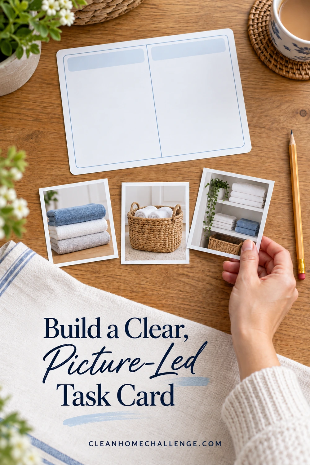 A hand holds a shelf photograph beside towel and basket photos and a blank two-column card. Text: Build a Clear, Picture-Led Task Card.