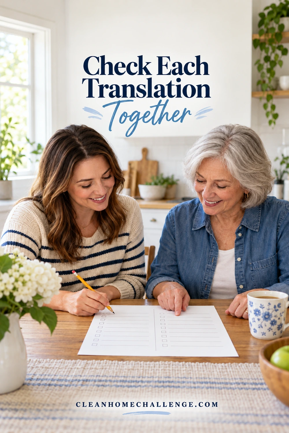 Two women review a blank two-column worksheet together at a kitchen table. Text: Check Each Translation Together.