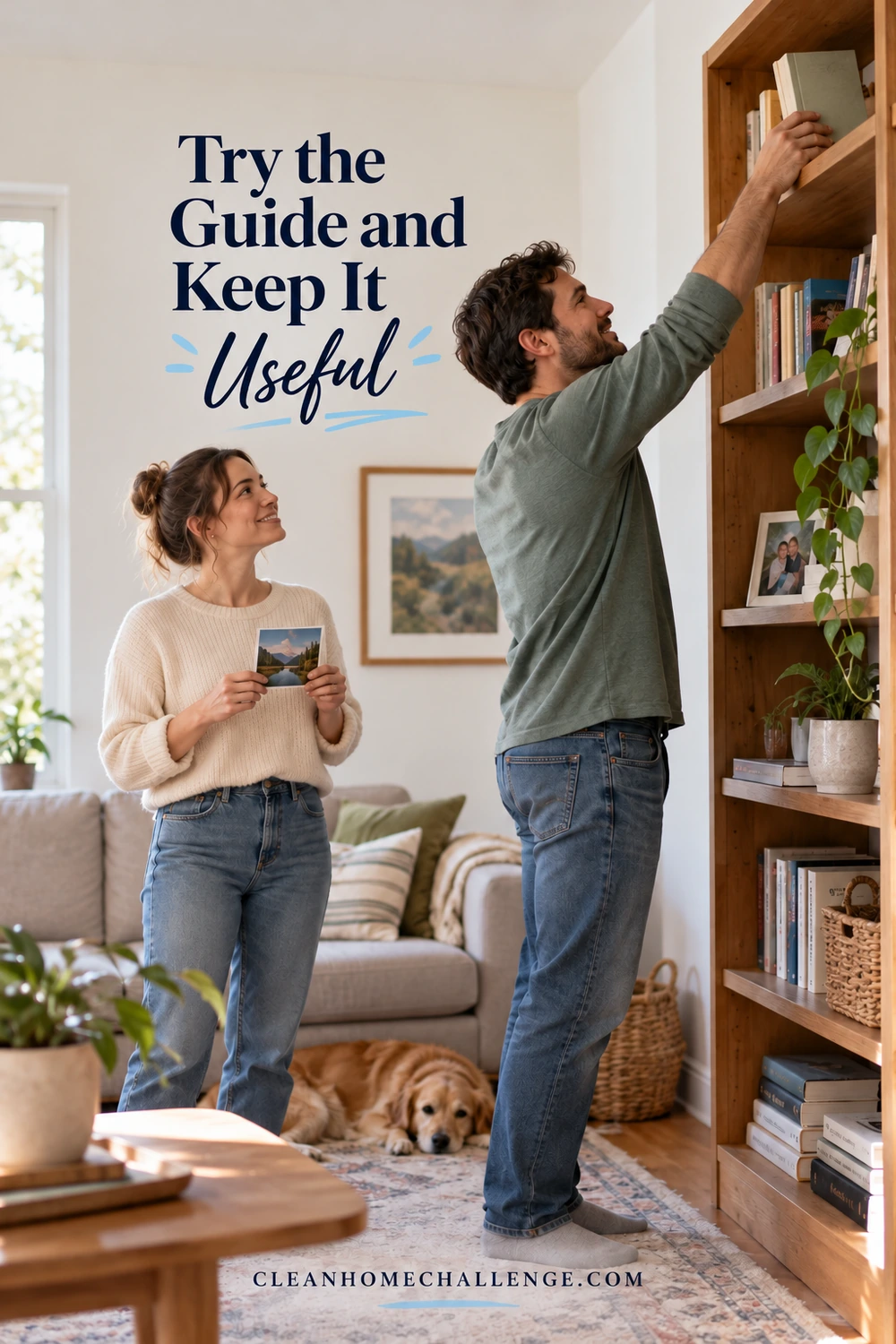 A man returns a book to a shelf while a woman stands nearby holding a picture card. Text: Try the Guide and Keep It Useful.