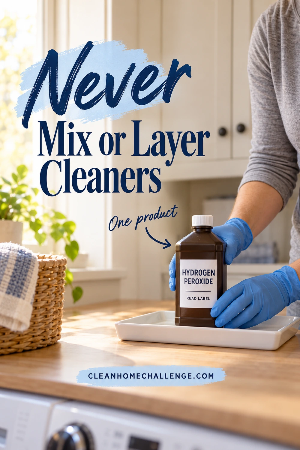 Blue-gloved hands place one capped brown hydrogen peroxide bottle upright on a white tray. The navy headline says Never Mix or Layer Cleaners, and a One product arrow points to the bottle.