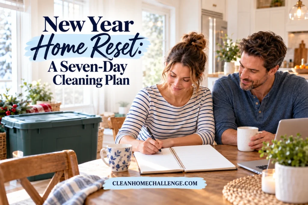 Two adults planning a manageable New Year home reset at a dining table beside a closed holiday storage box.