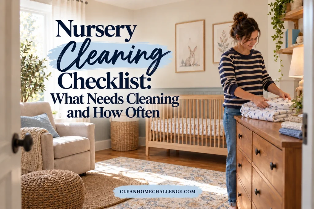 A parent folds a fitted crib sheet beside a dresser in a sunlit nursery with an empty crib.