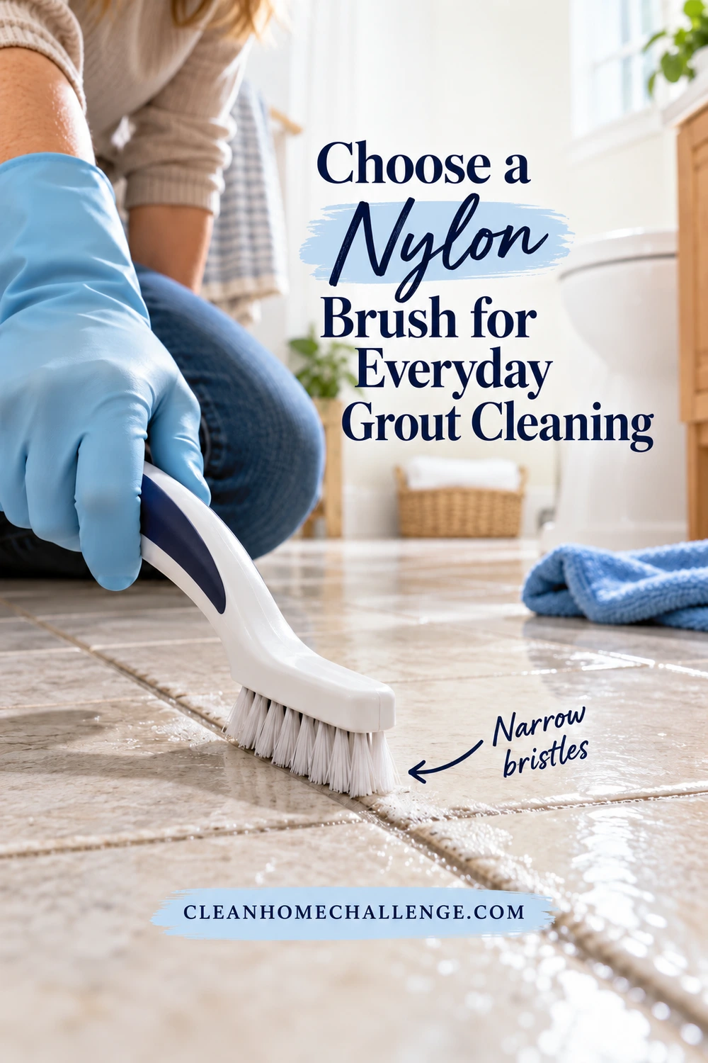 Gloved hand guides a narrow nylon brush along a lightly damp ceramic floor joint without pressing the hard head onto the tile.