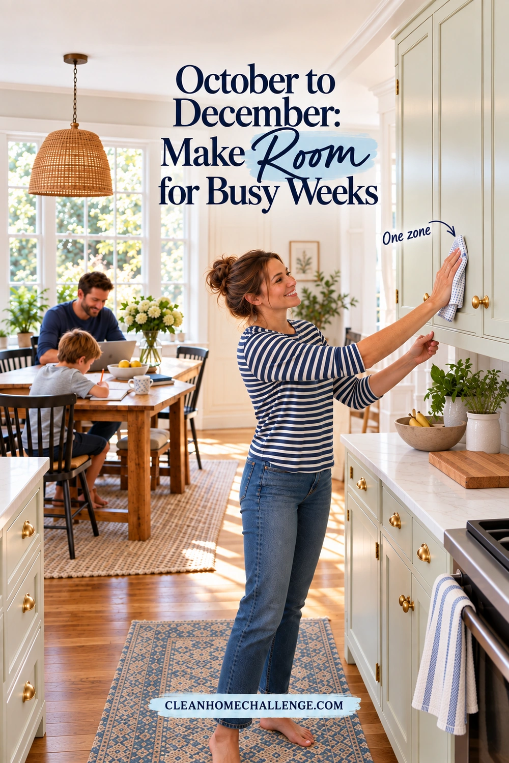 A woman wipes one kitchen cabinet door while her family uses the kitchen.