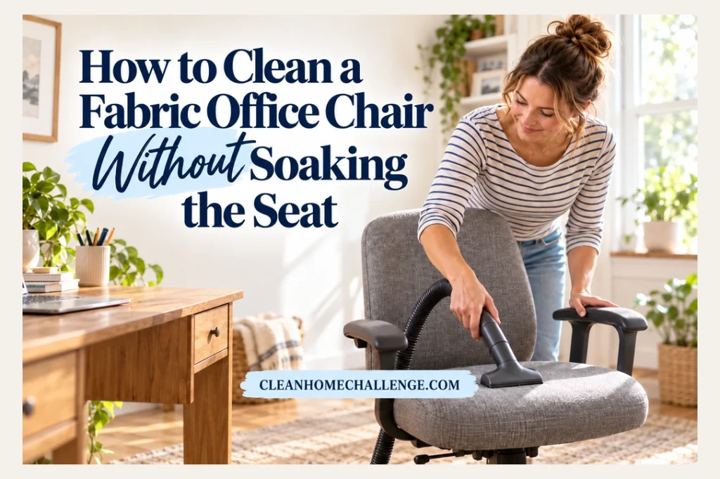 Woman using a smooth vacuum upholstery nozzle on a gray fabric office chair beside a wooden desk.