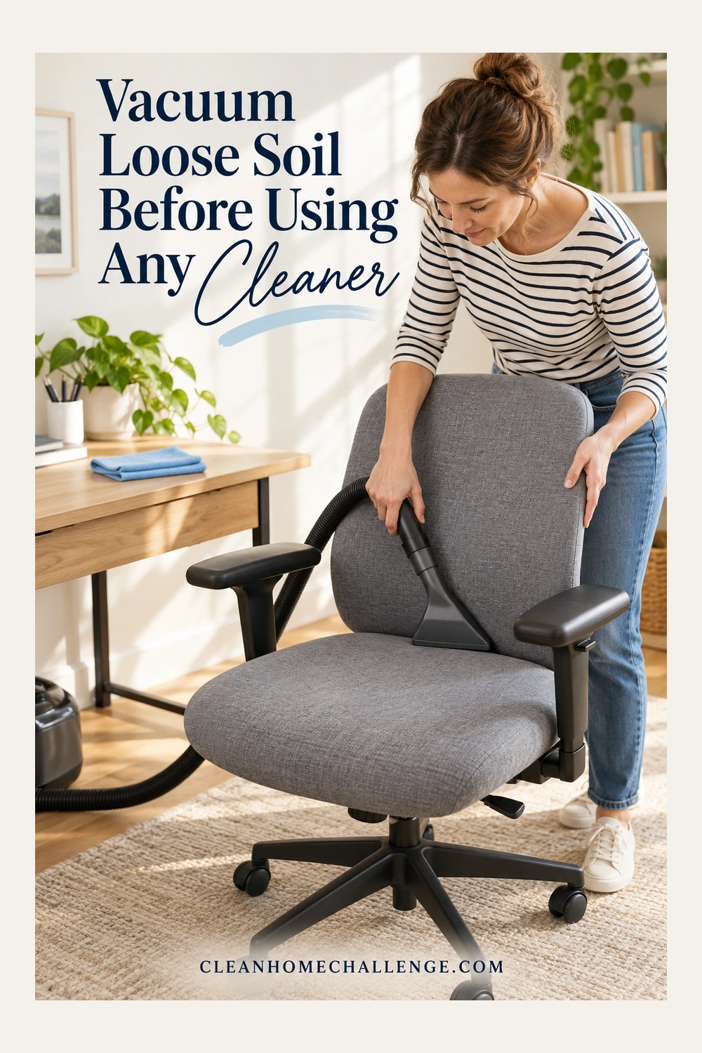 Striped-shirt woman guiding a smooth upholstery nozzle along the join between a gray chair's seat and backrest.
