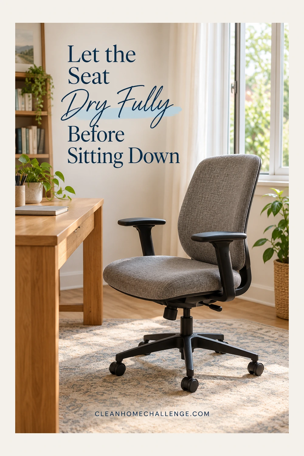 Empty gray upholstered swivel chair standing beside an open window and wooden desk in a softly lit study.
