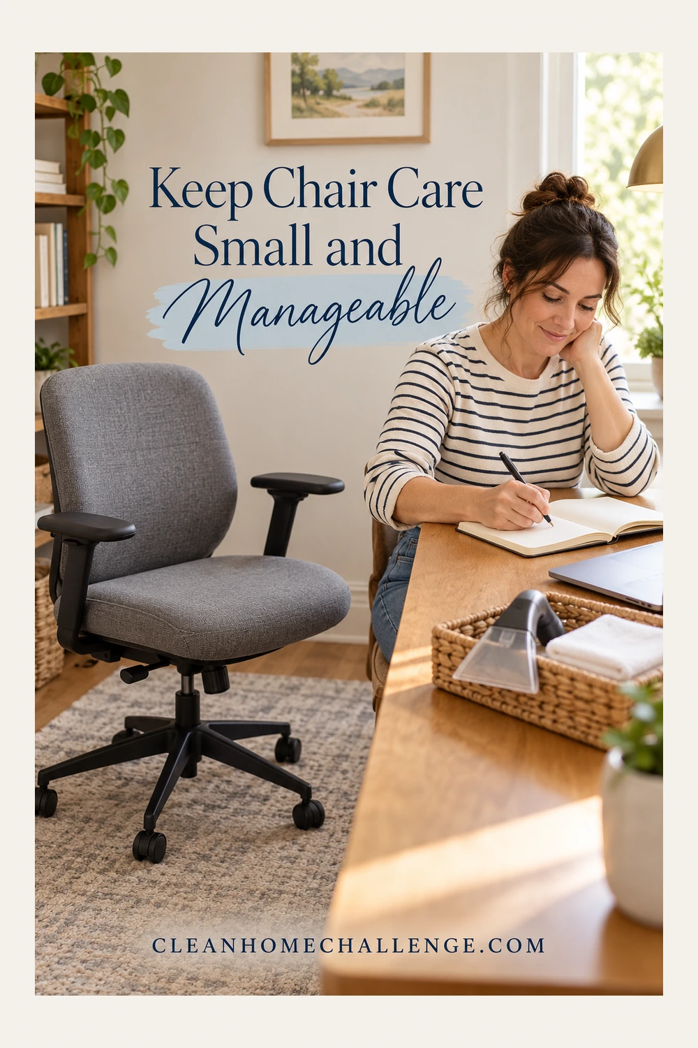 Woman writing in a notebook beside a gray office chair and a basket containing a nozzle and folded cloths.