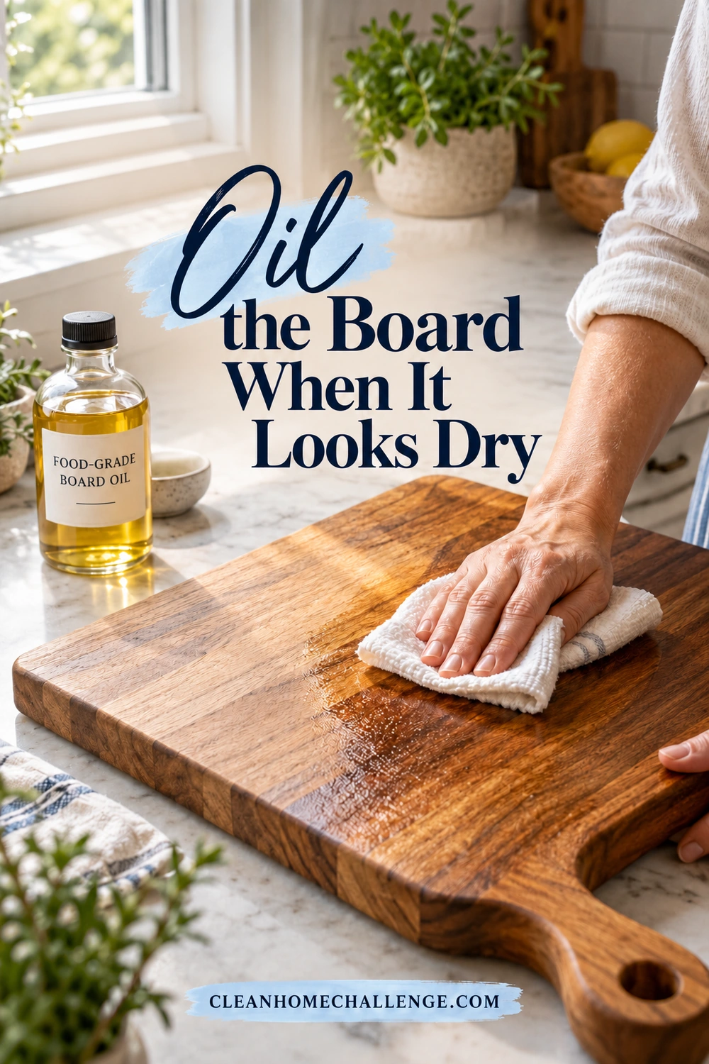 A hand rubs a wooden cutting board with a folded cloth beside a bottle labeled FOOD-GRADE BOARD OIL.
